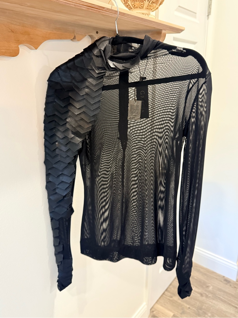 Gracia Black Mesh Scale Patched Mock Neck Top 3D Origami Sleeve NWT